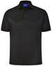 A black men's sustainable poly/cotton short sleeve polo shirt featuring a collar and a logo.
