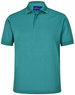 A teal men's sustainable poly/cotton short-sleeve polo shirt with a collar and buttons, featuring a brand logo.