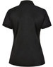 A black ladies' polo shirt with short sleeves, featuring a collar and a logo on the back.