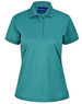 A teal ladies' polo shirt with a collar and short sleeves, featuring a logo on the neckline area.
