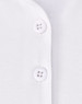 A close-up of a white polo shirt featuring two button closures and a smooth fabric texture.