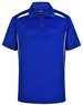 A blue kids' short-sleeve polo shirt with white contrast stripes and a logo on the chest.