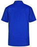 A blue kids' polo shirt with short sleeves and a collar, featuring a logo on the back.