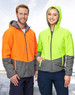 A bright orange and grey quilted safety jacket with a hood, alongside a lime green and grey version, both featuring logos.