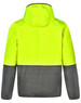 A Hi-Vis quilted safety jacket featuring a bright yellow upper section and a dark grey lower section, with a hood.