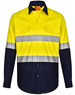A High-Visibility long-sleeve safety shirt in bright yellow with navy sleeves and reflective stripes. Features two front pockets.