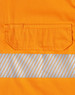 An orange safety shirt featuring segmented reflective tape and a chest pocket. It has a logo on the fabric.