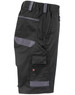 Unisex black utility stretch cargo work shorts with multiple pockets and a logo. Features grey accents.