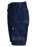 Navy unisex utility stretch cargo work shorts with multiple pockets and an elastic waistband, featuring a logo.