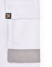 A set of unisex cargo work shorts in white, featuring a grey cuff and a logo on the pocket.