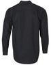 A long-sleeved black work shirt with a back yoke and buttoned cuffs, featuring a logo.