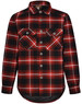 A red and black quilted flannel shirt featuring a check pattern, button-up front, and two chest pockets.
