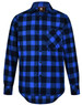 A blue and black plaid button-up shirt with a chest pocket and a logo on the collar.