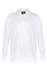 A long-sleeved white polo shirt featuring a collar and a buttoned placket. It includes a logo on the upper side.
