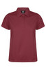 A burgundy polo shirt with a collared neckline and button placket, featuring a small logo on the chest.
