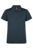 A dark green polo shirt featuring a collar and three button placket, with a logo on the label.