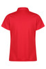 A vibrant red polo shirt featuring a classic collar and short sleeves, with a logo on the back.