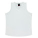 A white sleeveless singlet with a V-neck design, featuring a logo on the tag inside.
