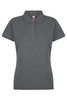 A grey polo shirt featuring a collar, three buttons, and short sleeves. The shirt has a logo on the label.