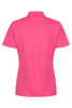 A pink polo shirt with a collar and short sleeves, featuring a logo on the garment.