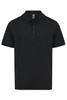 A black polo shirt with a collared neckline and three-button placket, featuring a logo on the chest.