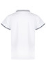 A white polo shirt featuring contrasting trim and a collar. The back view highlights its smooth design and fit.