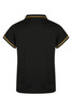 A black polo shirt with yellow trim, featuring a collar and short sleeves. The back view is displayed.
