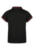 A black polo shirt for kids with red trim on the collar and sleeves; features a logo.