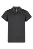A black polo shirt with a collar and three buttons, featuring a small logo on the label.