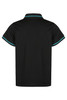 A black polo shirt featuring contrasting teal trim and a collar, with a logo on the back.