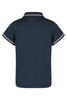 A navy polo shirt with a collar and contrasting trim, featuring a logo on the back.