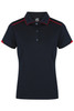A navy polo shirt with red accents, featuring a collar and button placket. Includes a branding logo.