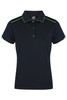 A navy polo shirt with green accents and a logo on the chest, featuring a classic collar and buttoned placket.