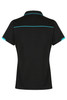 A black polo shirt with turquoise detailing and a logo, featuring a collared neckline and short sleeves.