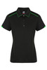 A black polo shirt featuring green accents and a branded logo on the collar.