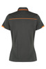 A back view of a dark grey polo shirt with orange detailing and a logo.