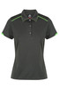 A dark grey polo shirt featuring green accents and a collar, with a logo on the front.