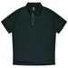 A dark green polo shirt with a collared neckline and three buttons. Features a logo on the collar.