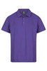 A purple polo shirt with a classic collar and three buttons, featuring a logo on the label.