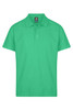 A green polo shirt with a collar and three buttons, featuring a logo in the neck area.