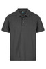 A dark grey polo shirt with a standard collar and three-button placket. It features a logo on the label.