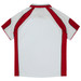 A polo shirt featuring a predominantly white base with maroon accents and a logo on the design.