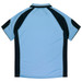 A polo shirt featuring a light blue body with black accents and a branding logo.