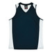 A navy singlet with white side panels and a V-neck design, featuring a logo on the neckline.