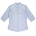 A light blue button-up shirt with 3/4 sleeves and a fitted design, featuring a small logo.