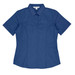 A short-sleeve button-up shirt in navy blue with a fitted design and a collar. It features a logo on the label.