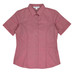 A short-sleeve button-up shirt in a muted red tone, featuring a fitted design and a collar. It has a logo.