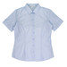 A short sleeve button-up shirt in light blue with a fitted design and a logo on the label.