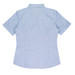 A light blue short-sleeve button-up shirt with a fitted design and a collar. It features a logo on the back.