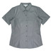 A short-sleeve button-up shirt in grey, featuring a fitted design and a collar. It has a logo.